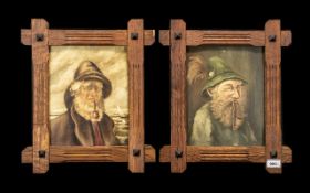 Pair of Oil Portraits on Canvas - depicting a Tyrolean man smoking. Signed F.