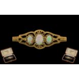 Antique Style 9ct Gold Attractive Opal Set Ornate Brooch with Attached Safety Chain.