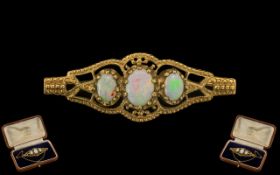 Antique Style 9ct Gold Attractive Opal Set Ornate Brooch with Attached Safety Chain.