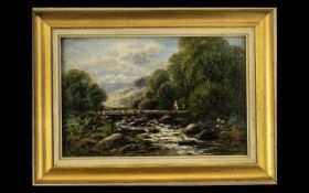 Small Oil Painting on Canvas depicting a river landscape with figures on a bridge; signed with a