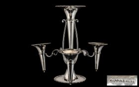 Silver Plated Epergne Central Trumpet With Three Branches, Moulded Edge. Height 14 Inches.