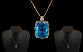 18ct Yellow Gold - Attractive Blue Topaz and Diamond Set Pendant Drop,