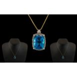 18ct Yellow Gold - Attractive Blue Topaz and Diamond Set Pendant Drop,