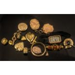 Mixed Bag of Antique Pinchbeck and Gold Plated Lockets, brooches, watch, fob keys, frames etc.;