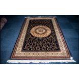 A Large Woven Silk Carpet Keshan rug with beige ground and red border traditional Middle Eastern