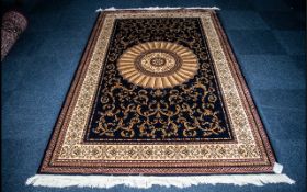 A Large Woven Silk Carpet Keshan rug with beige ground and red border traditional Middle Eastern