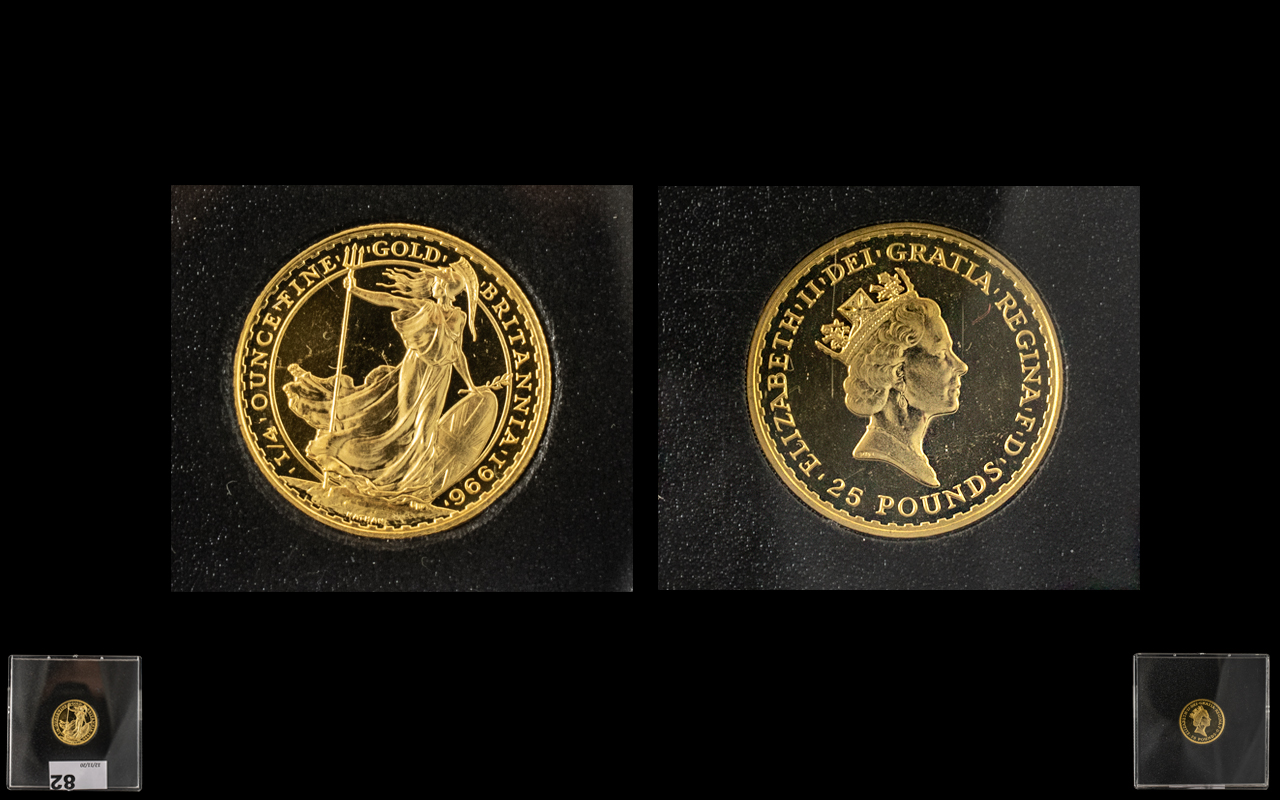Elizabeth II - Britannia 25 Pounds Fine Gold Coin - Date 1996. Purity 1/4 oz of .900 Fine Gold,