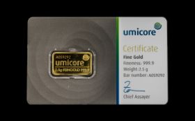 Umicore - Certificated Fine Gold Ingot, Encapsulated with Assay Certificate, Signed and Numbered.