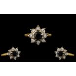 Ladies 18ct Gold Attractive Diamond and Sapphire Set Cluster Ring - Flower head Setting.