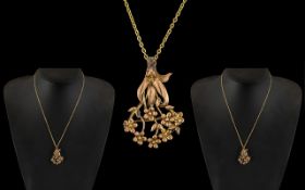 Antique Period- Attractive 9ct Rose Gold Floral Pendant with Attached 9ct Gold Chain.