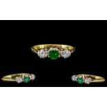 18ct Gold - Attractive 3 Stone Emerald and Diamond Set Ring - Gallery Setting.