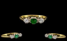 18ct Gold - Attractive 3 Stone Emerald and Diamond Set Ring - Gallery Setting.