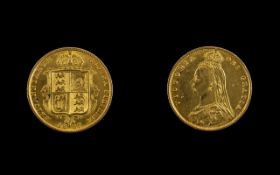 Queen Victoria Jubilee Head - Shield Back 22ct Gold Half Sovereign. Dated 1887, London Mint.