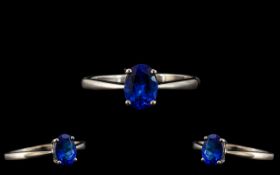A Platinum Single Stone Tanzanite Ring, set with an oval Tanzanite approx. 1 ct. Ring size S. 3.
