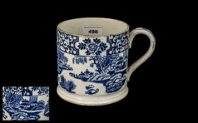 Large Staffordshire Pottery Farmer's Ale Cup with blue printed 'Willow Pattern' design,