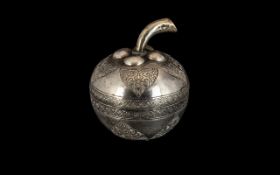 Antique Middle Eastern Silver Lidded Box In The Form of An Apple With the Stem Acting as a Handle,