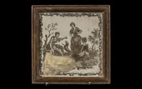 Liverpool Antique Transfer Printed Tile, depicting three women playing with a dog,