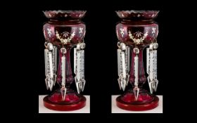 Victorian Period - Fine Pair of Decorative Ruby Glass Lustre's,