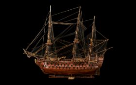 Handmade Wooden Model of a Large and Impressive British 19th Century Warship Fitted out with 90