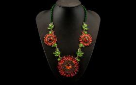 Scarlet and Emerald Green Austrian Crystal Floral Statement Necklace and Earrings Set,