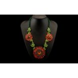 Scarlet and Emerald Green Austrian Crystal Floral Statement Necklace and Earrings Set,