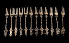 Dutch - Netherlands Superb Matching Set of 12 Silver Figural Topped Cheese Forks,
