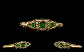 Antique Period Attractive 9ct Gold Diamond and Emerald Set Ring - Exquisite Setting. Ring Size P.