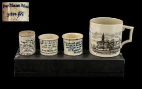 Goss Printed Mug 'Banbury Cross' and 'The Vicarage', with three printed jars,