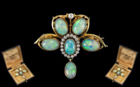 An Antique Period 18ct Gold Opal and Diamond Set Pendant - Drop Brooch of Lovely Design.