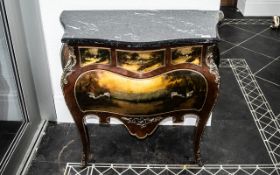French Style Bombe Fronted Commode Chest with vernis martin painted panels.