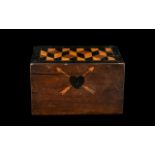 Georgian Mahogany Tea Caddy with a parquetry top and inlaid heart shaped escutcheon with two arrows;