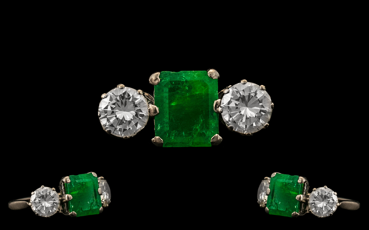 Platinum - 1930's Stunning 3 Stone Emerald and Diamond Set Dress Ring.