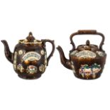 Victorian Period 1837 - 1901 Excellent Pair of Measham Barge-Ware Treacle Glazed Galloon Teapots (