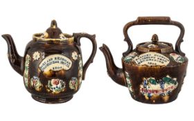 Victorian Period 1837 - 1901 Excellent Pair of Measham Barge-Ware Treacle Glazed Galloon Teapots (