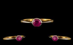 18ct Gold and Platinum Single Stone Ruby Set Ring. Marked 18ct to Interior of Shank.