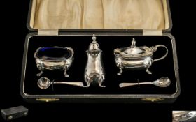 1930's Boxed ( 5 ) Piece Sterling Silver Cruet Set, Complete with Blue Liners.