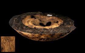 Designer Knarled Elm Wood Root Bowl of large size, the centre with turned roundels with metal
