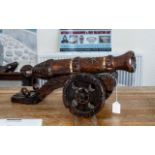 Large Tabletop Rustic Wooden Model Cannon, with rolling wheels, cannon balls, 21" length, 10.