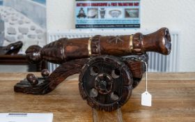 Large Tabletop Rustic Wooden Model Cannon, with rolling wheels, cannon balls, 21" length, 10.