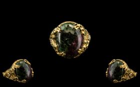 Ruby Zoisite Solitaire Style Statement Ring, with Russian Diopside and white zircon accents.