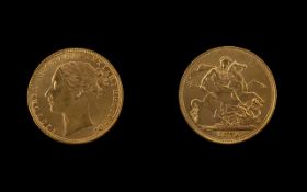 Queen Victoria Young Head - St George 22ct Gold Full Sovereign - Date 1872.