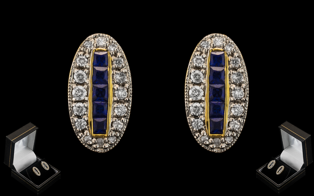 Ladies Fine Pair of Attractive 18ct Yellow Gold Sapphire and Diamond Set Earrings of Excellent