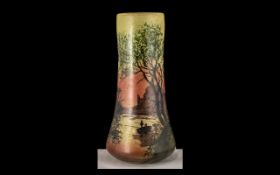 1920s Legras Style French Vase, depicting trees and fishermen, with a castle ruin in the background.