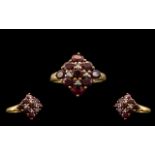 Ladies - 9ct Gold Attractive Ruby and Diamond Set Cluster Ring. Full Hallmark for 9.375 Gold.