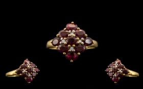 Ladies - 9ct Gold Attractive Ruby and Diamond Set Cluster Ring. Full Hallmark for 9.375 Gold.