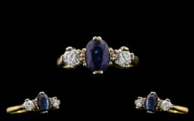 18ct Gold - Attractive 3 Stone Diamond and Sapphire Set Dress Ring. Full Hallmark for London 1953.