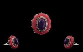 Pink Jade, Purple Jade and Natural Zircon Statement Ring, an oval cut purple jade cabochon,