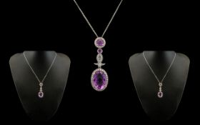 18ct White Gold Superb Quality Diamond and Amethyst Set Combined Necklace - Pendant Drop of pleasing