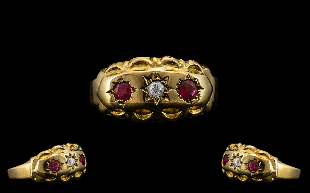 Edwardian Period 18ct Gold Attractive Ruby and Diamond Set Ring - Star Setting.