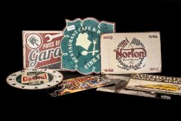 Seven Vintage Tin Advertising Signs:- Norton, Garage, Turbo, Castrol Clock, Dave Megson,